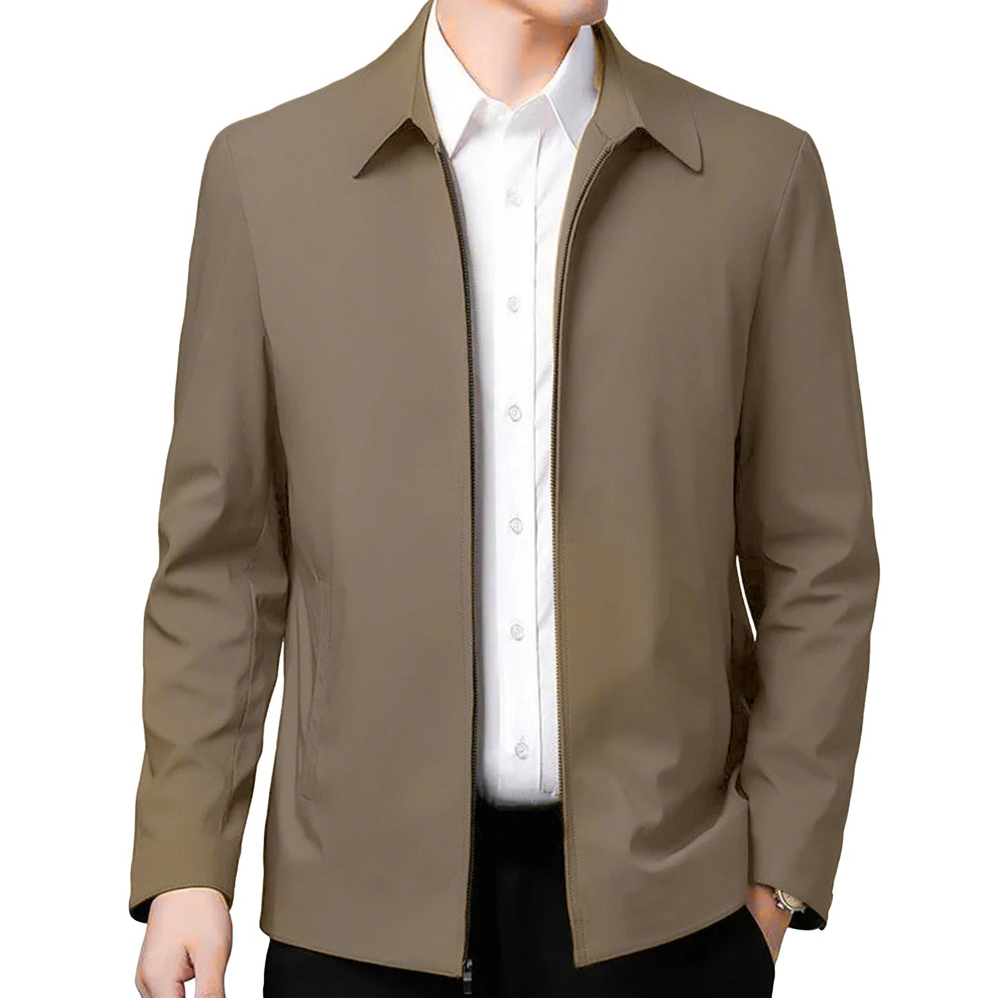 Chaqueta elegante para hombre de mediana edad con solapa y bolsillos con cierre de cremallera para negocios formales o ropa informal en primavera y otoño.