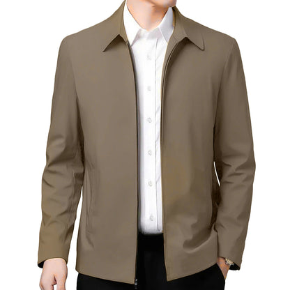 Chaqueta elegante para hombre de mediana edad con solapa y bolsillos con cierre de cremallera para negocios formales o ropa informal en primavera y otoño.