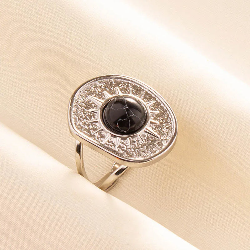 1pc Boho Turquoise Ring Stainless Steel Black Stone Silver Color Adjustable Ring Women Ethnic Ring Bohemian Jewelry Gift No Fade