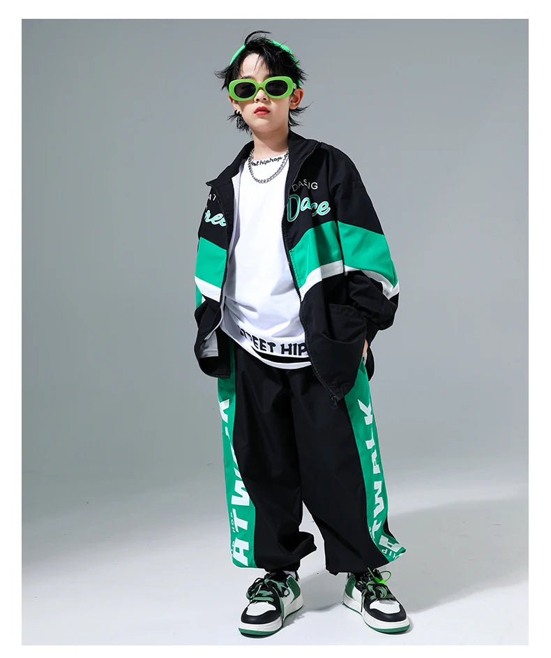 Hip Hop Girls Contrast Bomber Jacket Sport Pants Boys Street Dance Coat Streetwear Kids Jazz Clothes Set Children School Uniform
