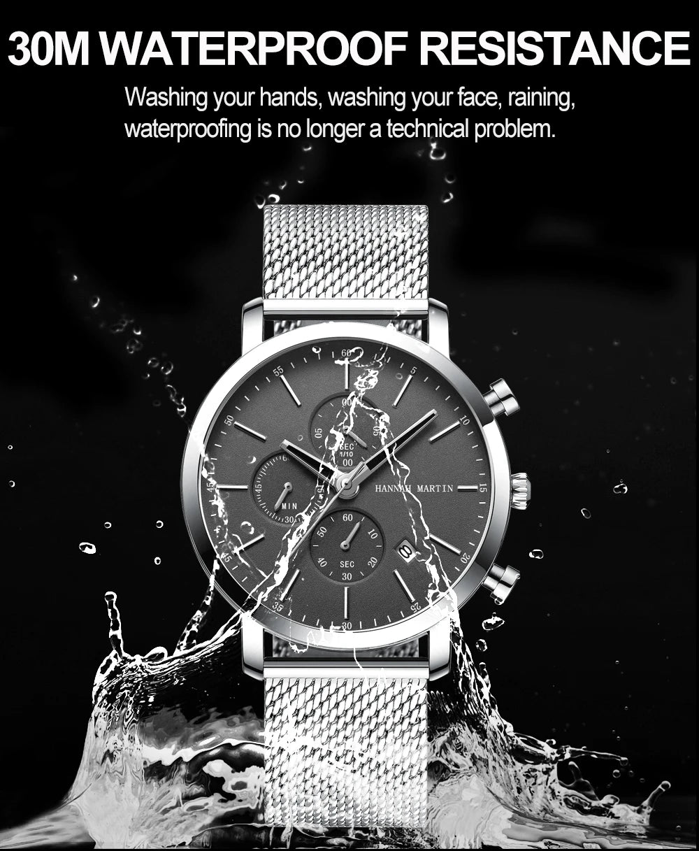 HANNAH MARTIN Brand Men Watch Black Stainless Steel Waterproof Fashion Sports Multifunctional Quartz Wristatch Relogio Masculino