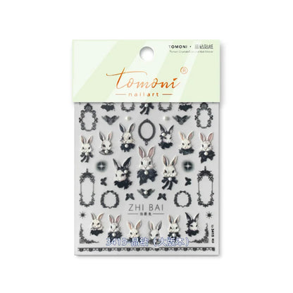 Japanese Punk Style Black Rabbit & Dark Butterfly Nail Stickers 5D Pearl Nail Art Decal Design Manicure Tool High Quality