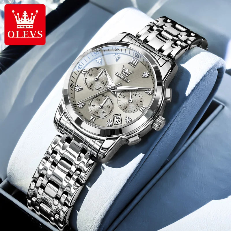 Relógio feminino Olevs de luxo quartzo a prova de agua calendário de pontos elegantes em estilo diamante