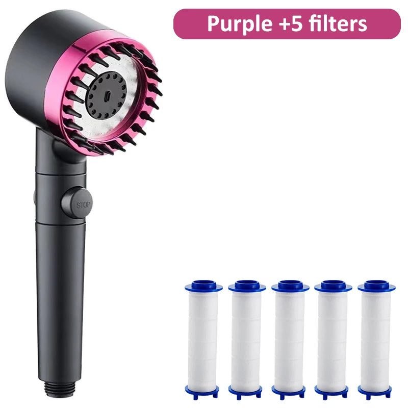 Cabezal de ducha de alta presión con 4 modos de ducha ajustables y filtros de cepillo de masaje, accesorios de baño para ahorrar agua.