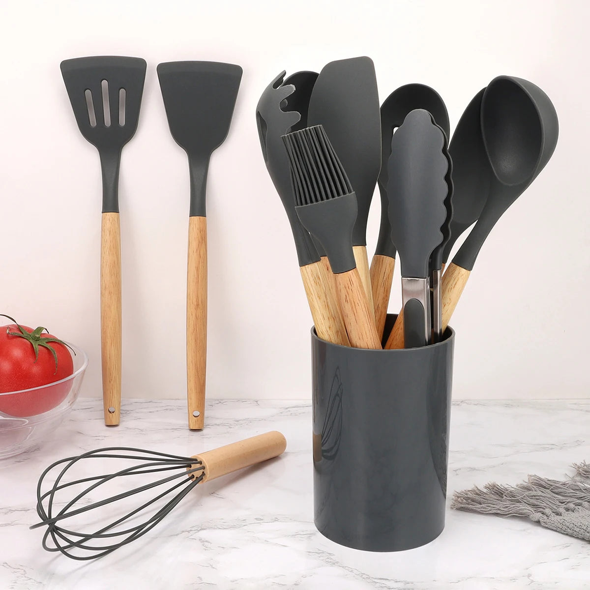 12Pcs Silicone Kitchen Utensils Spatula Shovel Soup Spoon Cooking Tool with Storage Bucket Non-Stick Wood Handle Kitchen Gadgets