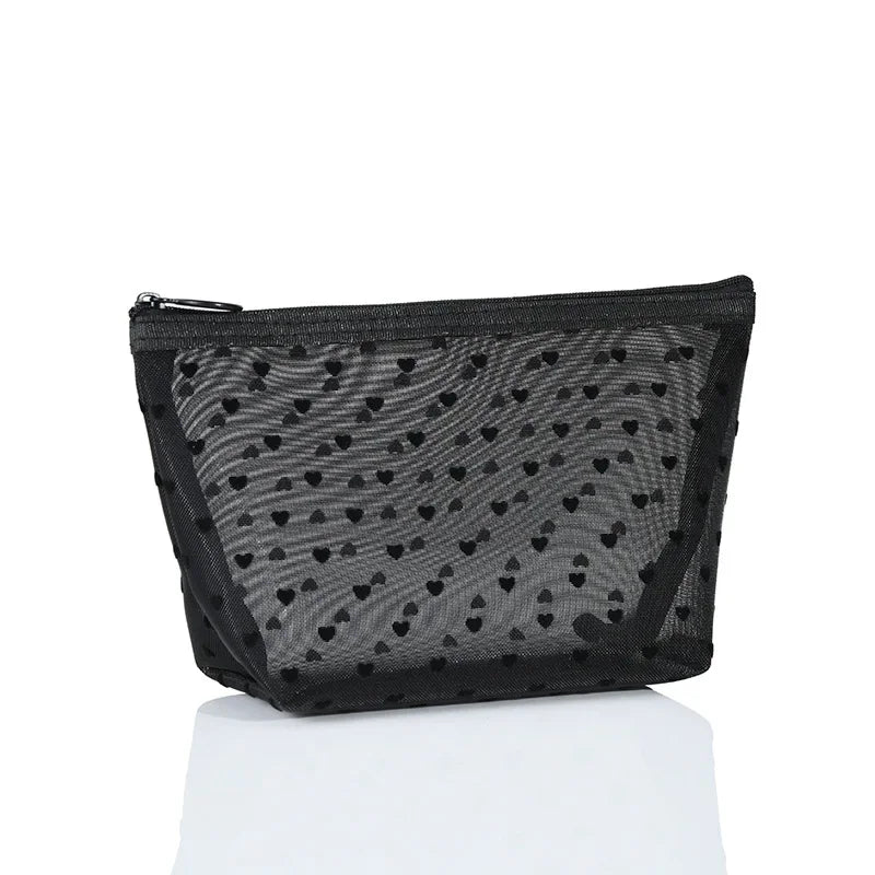 Heart-Shaped Nylon Mesh Cosmetic Bag Portable Toiletry Organizer for Women Makeup Storage