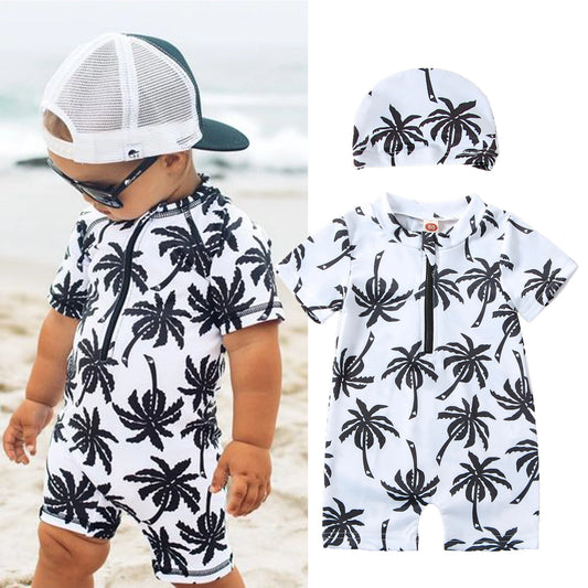 Traje de baño para bebé recién nacido, niño pequeño, con gorro, estampado de árbol de dibujos animados, manga corta, cuello redondo, media cremallera, mono de baño