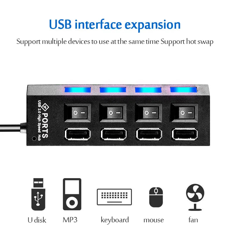 Adaptador de corriente USB 3.0, concentrador divisor multiUSB de 4/7 puertos, concentrador USB 2.0, conmutador expansor múltiple USB, concentrador de cable de 30 cm, estaciones de acoplamiento