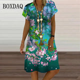 6XL Summer Plus Size Dresses Women Plant Flower Print Loose Dress Casual V-Neck Short Sleeve Knee-Length Dress Vestidos Sundress