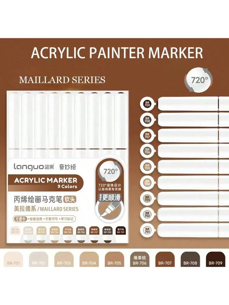 Languo 9pcs/box Soft Brush Acrylic Marker Pen Set，DIY Hand Drawn,Paint Art Markers pens,Student Graffiti Acrylic Paint Pens,M720