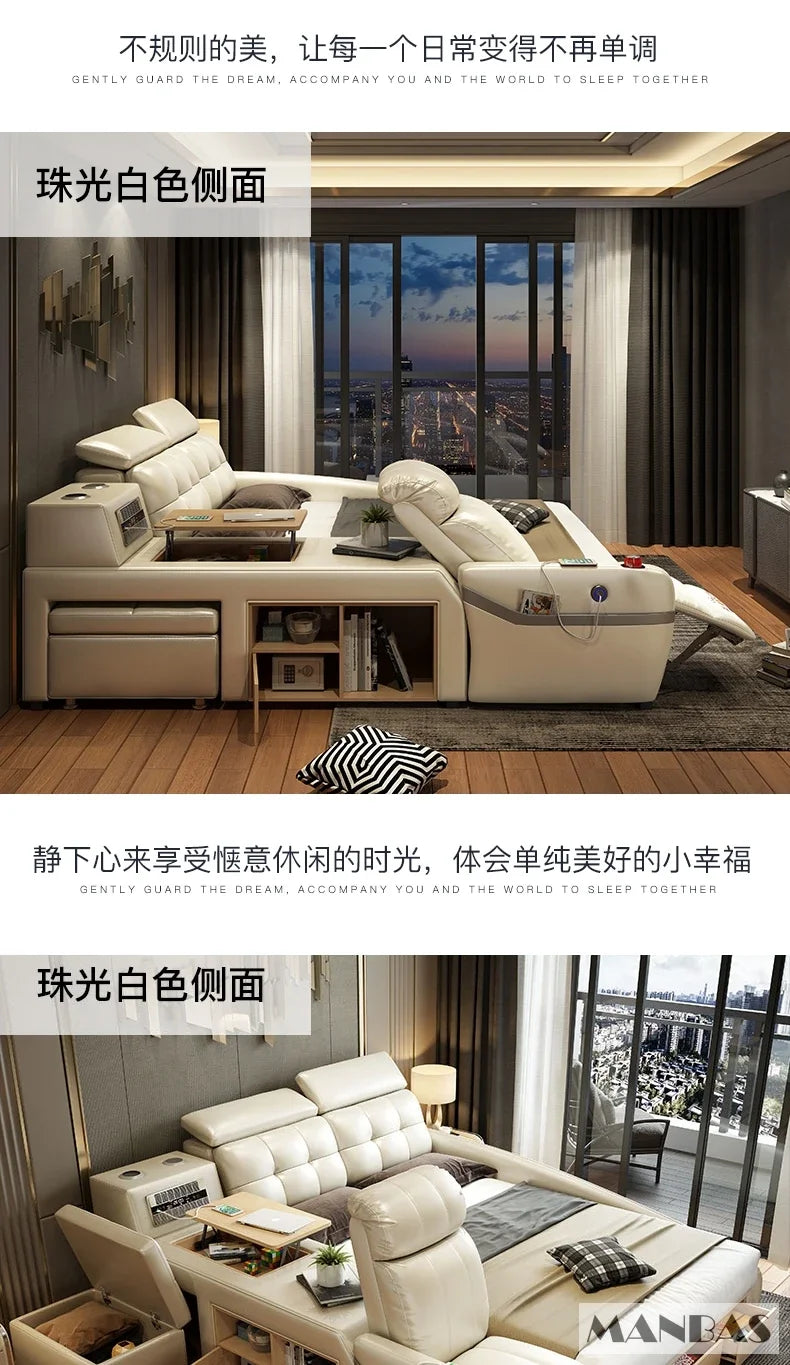MINGDIBAO Massage Bed with Ultimate Comfort and Genuine Leather Multifunctional Frame - Bluetooth Speaker, Safe Air Cleaner, USB