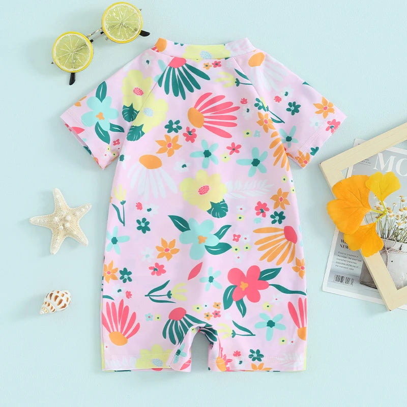 Traje de baño para niñas pequeñas, con protección contra erupciones, con cremallera, manga corta, estampado floral, para bebés