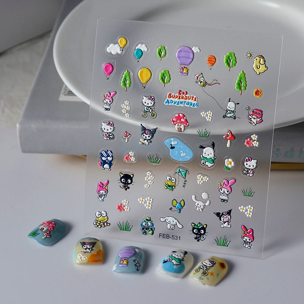 Sanrio Anime 5D Nail Stickers Hello Kitty Kurome Cartoon Stickers Nail Decoration Cute Melody Nail Art Decals Nail Art Supplies