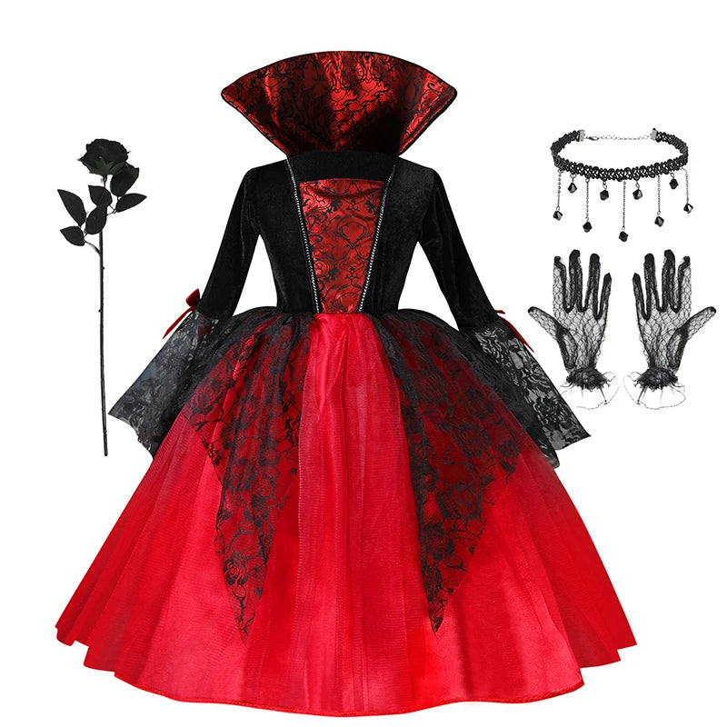 Fantasia de Vampira para Meninas (Halloween) – Vestido de Noiva Fantasma/Vampira – Traje para Festa de Carnaval e Estilo Gótico Escarlate