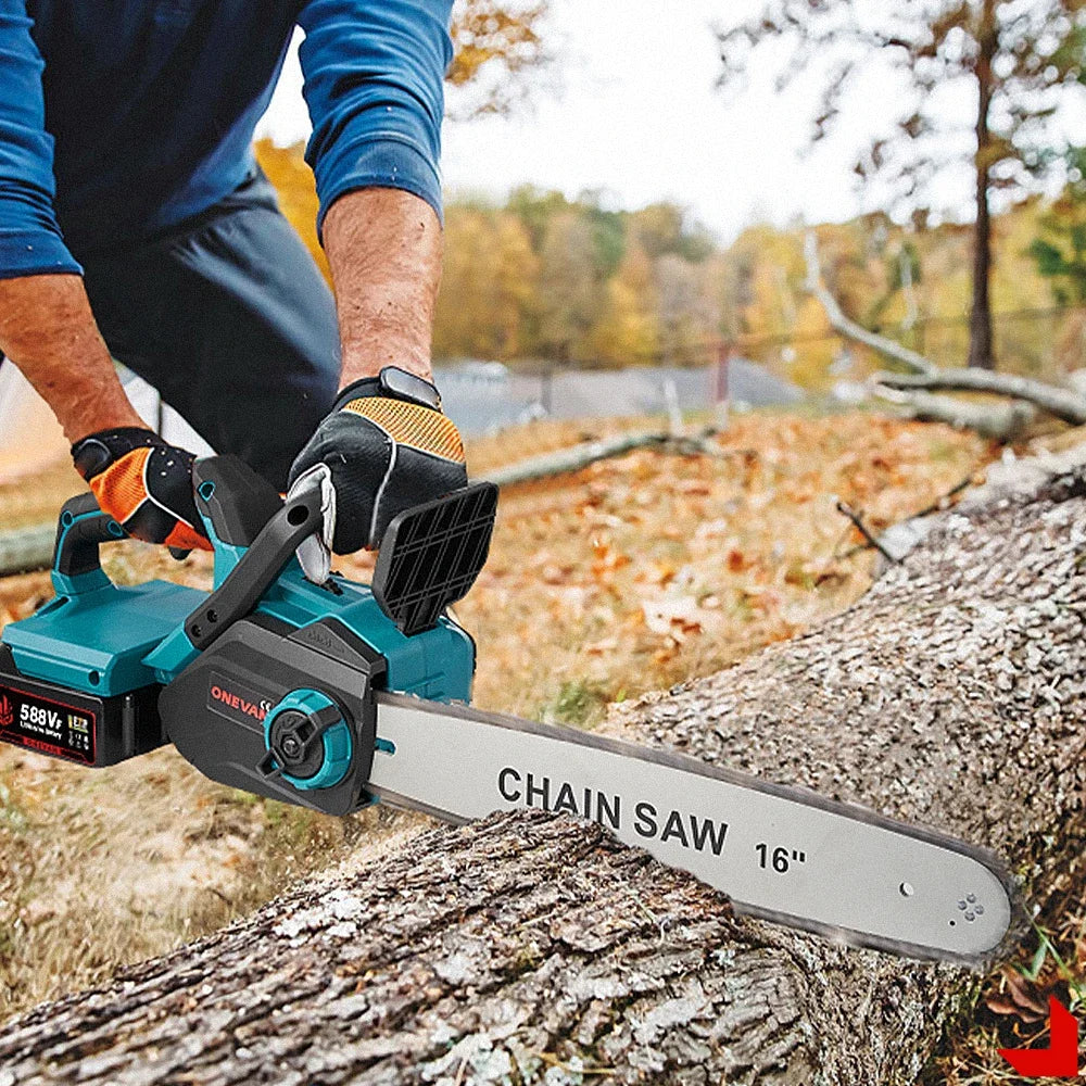 16-Inch 8000W Brushless Electric Chainsaw with LED and Auto-Oiling, Cordless Woodworking Garden Chain Saw Power Tool for 21V 18V Battery