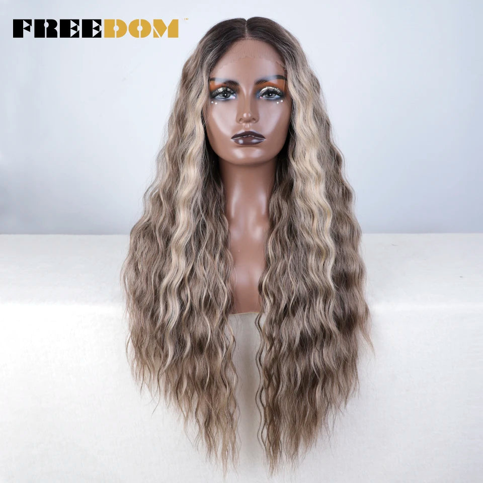 FREEDOM Synthetic Lace Front Wig Long Deep Wavy Ombre Blonde Ginger Lace Wigs For Black Women Heat Resistant Cosplay Wigs