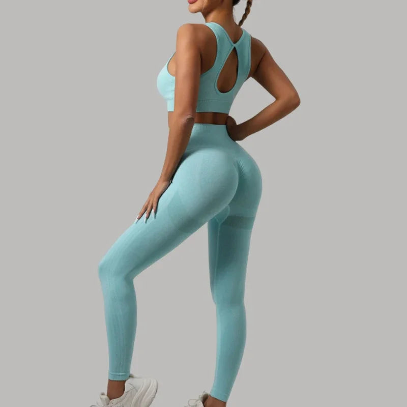 Mileegirl 2 peças conjuntos esportivos femininos, calças de ioga push up, sutiã fitness para academia com costas vazadas, leggings de treino para corrida, conjuntos sem costura