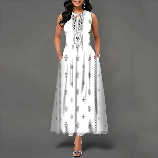 Women's V-neck Sleeveless Long Dress Retro Bohemian Dresses Floral Print Swing Casual New 