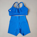 Women Gym Suit Yoga Clothes Shorts Leggings+ Bra 2-Piece Set Running Exercise Fitness Sportswear High Waist Cross Beautiful Back