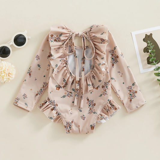 Traje de baño de verano para niñas pequeñas, estampado floral, sin espalda, con volantes, manga larga, ropa de playa para niñas de 0 a 4 años