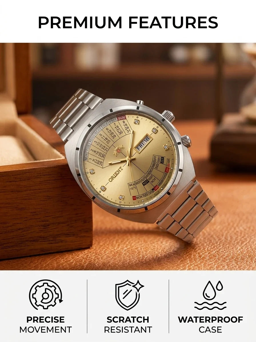 Relógio masculino automático vintage com calendário perpetuo em aço inoxidável