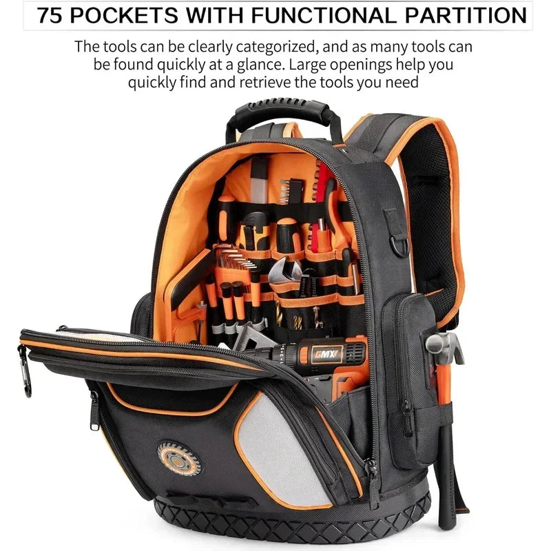 Mochila para herramientas con 75 bolsillos y presillas, resistente, organizador de herramientas/portaherramientas HVAC para electricistas/trabajos de construcción