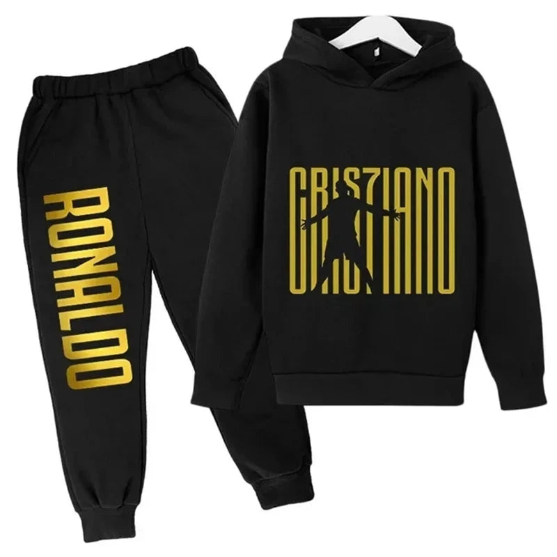 Autumn and winter Ronaldo creative printed children's hoodie set autumn and winter warm fleece hooded pants two-piece set sports