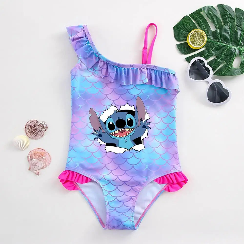 Traje de baño de una pieza con estampado de escamas de sirena para niña pequeña de Lilo Stitch, traje de baño para playa