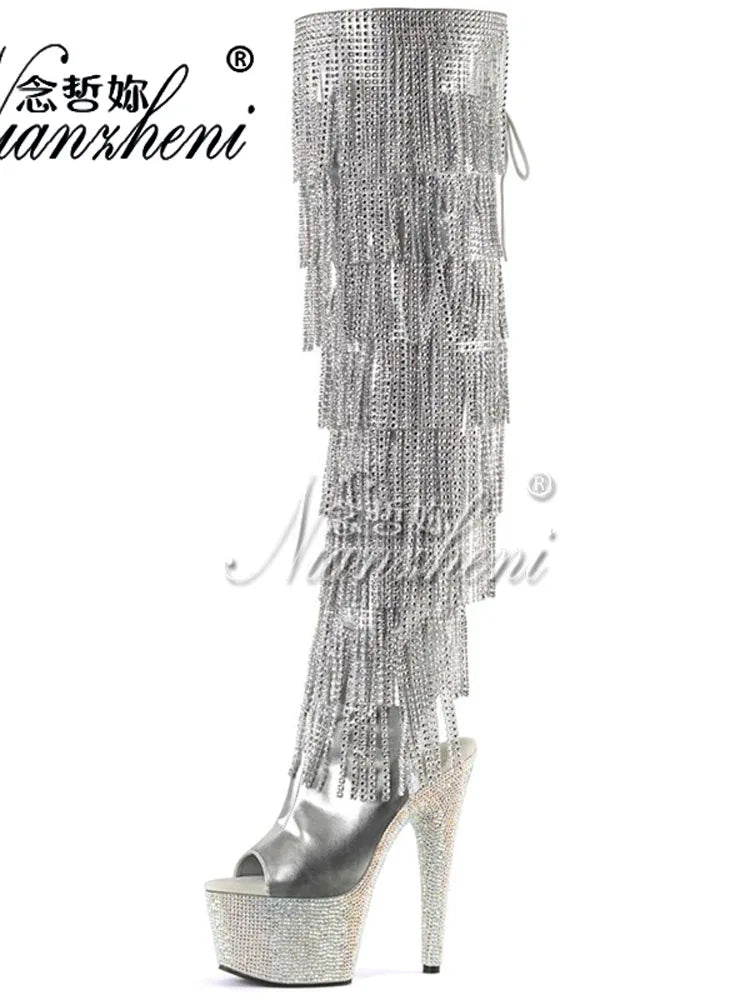 Tacones góticos exóticos, botas de plataforma de 17cm con flecos para fiesta, zapatos fetiche sexis para mujer, modelos góticos de baile en barra, diamantes de imitación para club nocturno