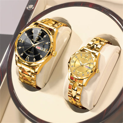 Relógios de casal para homens e mulheres, moda impermeável, presente do dia dos namorados, aço inoxidável, cristal, relógio de quartzo, 30m, 2 peças, 2521