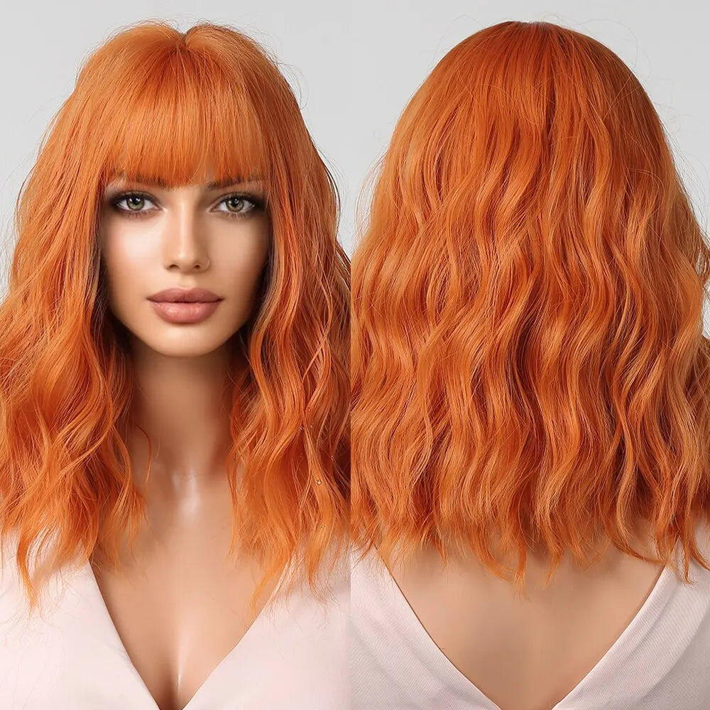 Women Grey Wavy Bob Wigs with Bangs Short Blonde Ombre Synthetic Wig with Dark Roots Natural Hair for Daily Use