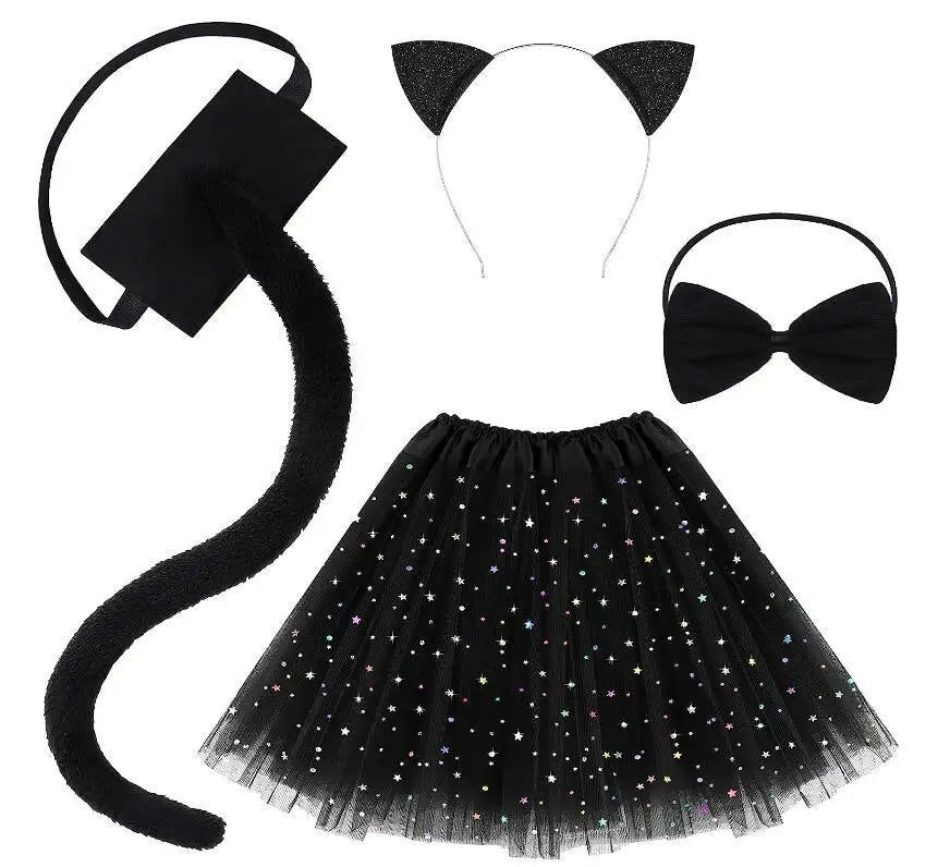 Animal Cat Tiger Cosplay Costume for Boys Girls Headband Clothes Shoes Tail Tutu Skirt Gloves Set for Kids School Performance