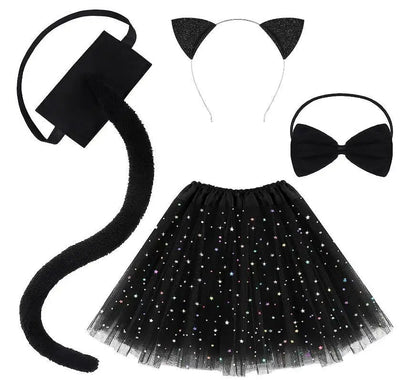 Animal Cat Tiger Cosplay Costume for Boys Girls Headband Clothes Shoes Tail Tutu Skirt Gloves Set for Kids School Performance