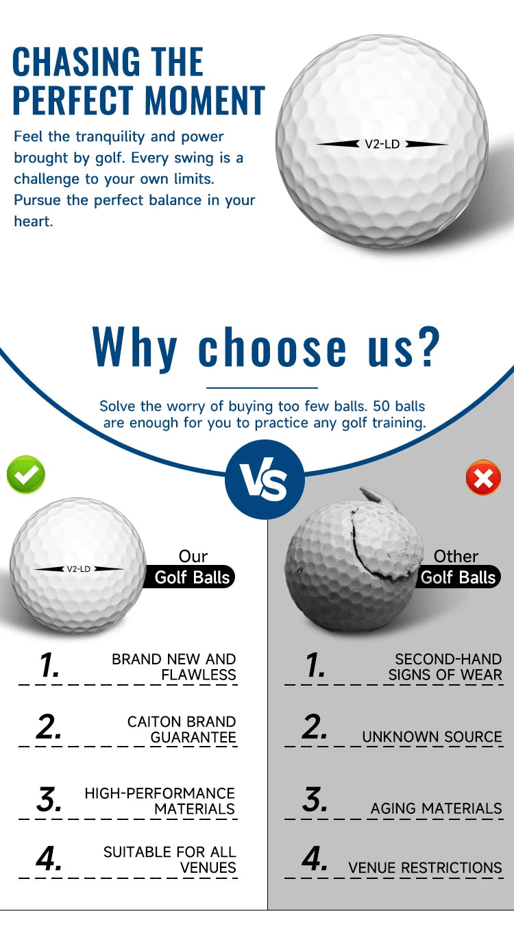 Caiton 50pcs 2-Layer Golf Balls - 332 Dimple, Max Distance, Spin Control, Durable, Precision - For Golf Training & Play