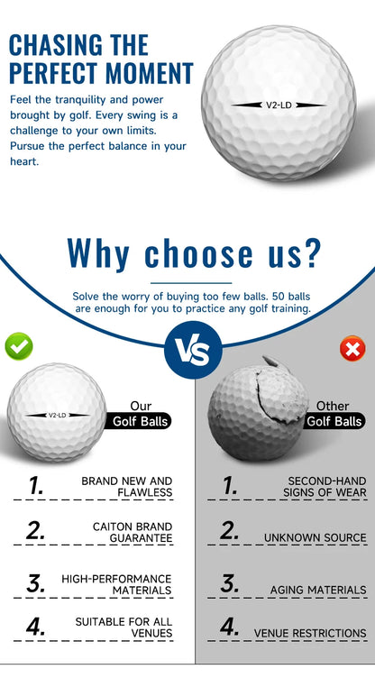 Caiton 50pcs 2-Layer Golf Balls - 332 Dimple, Max Distance, Spin Control, Durable, Precision - For Golf Training & Play