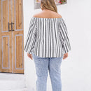 Fairyshely 2025 Spring Stripe Print Plus Size Top Women Long Sleeve Large Pullover T-shirt Lady Off Shoulder Casual Curvy Tops