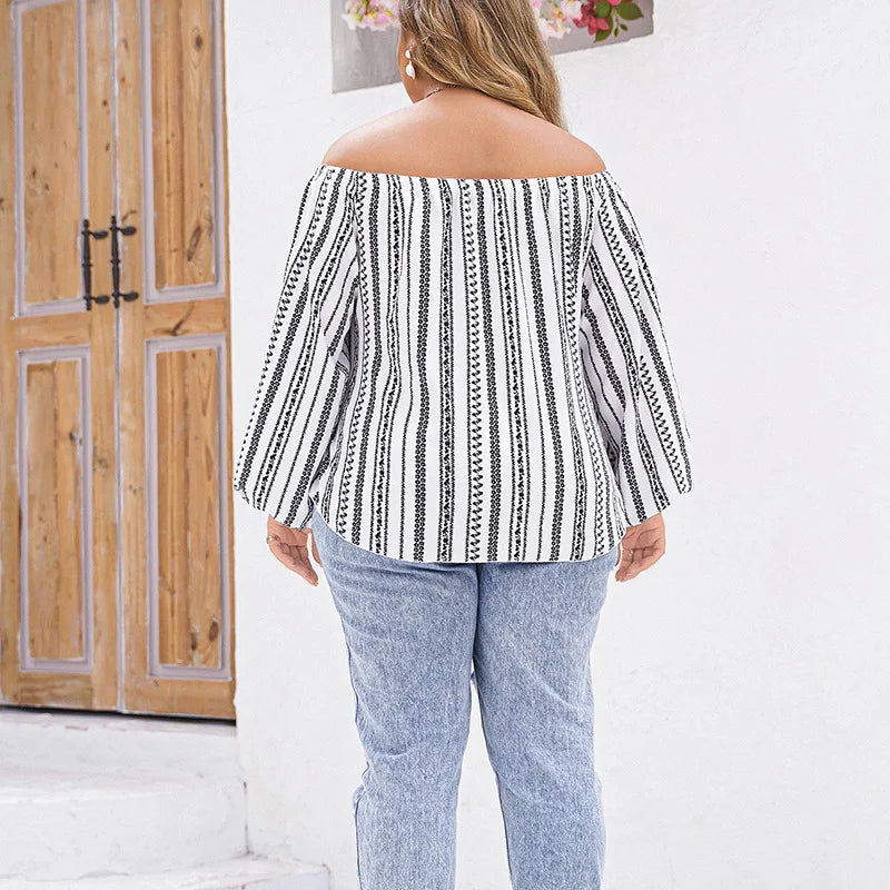 Fairyshely 2025 Spring Stripe Print Plus Size Top Women Long Sleeve Large Pullover T-shirt Lady Off Shoulder Casual Curvy Tops