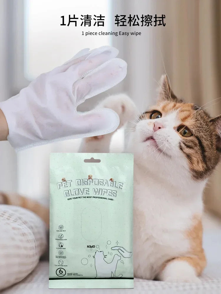 6PCS Cat Dog Disposable Glove Towels Pet Wash Free Glove No Rinse Washing Gloves Towels Deodorizing Dry Cleaning Wet Towels