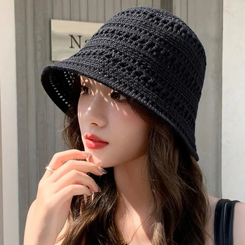Hollow Out Crochet Sun Hat Wide Brim Bucket Hat Knitted Fisherman Hat Foldable Visor Small Fresh Simple Outdoor Casual Beach Cap