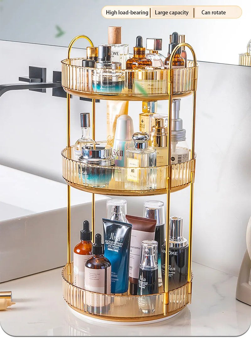 Organizador de maquillaje giratorio para tocador, organizador de 3 niveles para el cuidado de la piel, gran espacio de almacenamiento para encimera de baño, soporte transparente para cosméticos, tocador