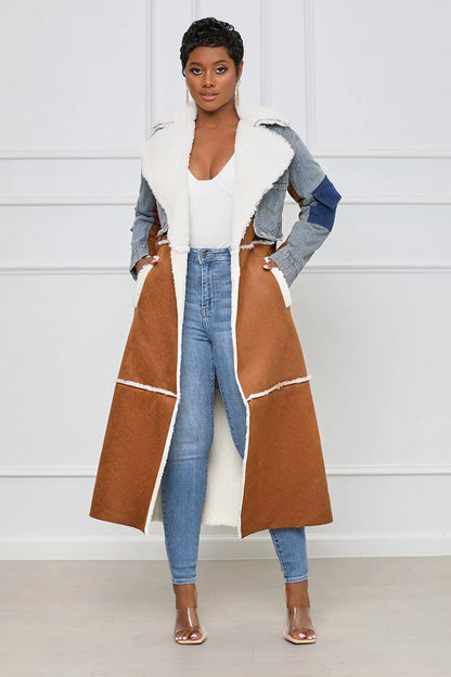 Women's Jackets Plus Size Turn-down Collar Temperament Patchwork Denim Lace Up Waist Long Sleeve Overcoat Woolen Coat Female