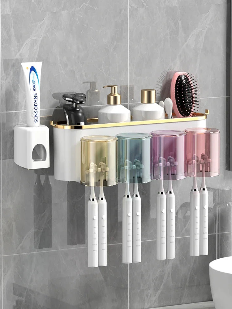 Toothbrush Holder With Squeezer Perforation-free Bathroom Shelf Mouthwash Cup Toothbrush Holder