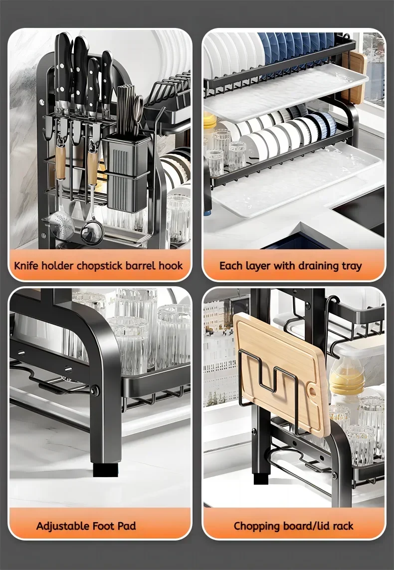 25NEW Dish Drying Rack 2-Tier Compact Kitchen Dish Rack Drainboard Set Large Rust-Proof Dish Drainer with Utensil Holder
