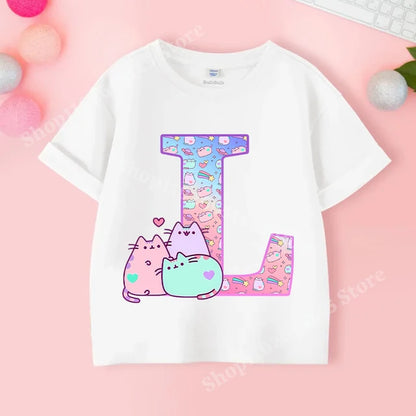 Pusheens Short Sleeve T-shirt for Girls from A to Z, Anime Cat, Summer Clothes, Outdoor Sport, New, Gift for Kids, Special Sale 