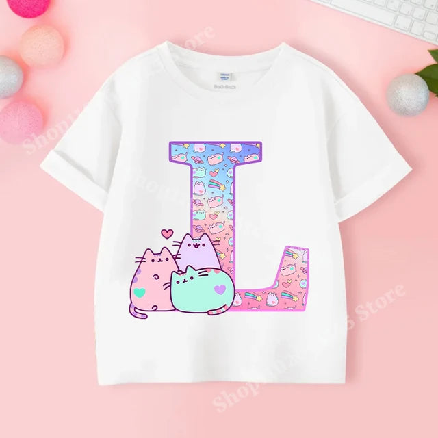 Pusheens-manga curta t-shirt para as meninas de a a z, anime gato, roupas de verão, esporte ao ar livre, novo, presente para as crianças, venda especial
