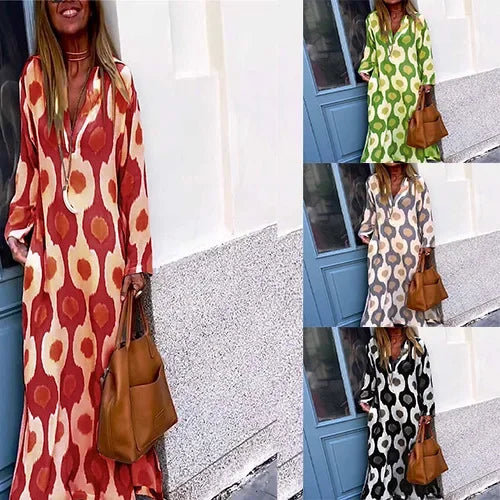 Plus Size 2023 Nova Estação Independente Moda Impressão Exclusiva Vestido Longo com Decote em V Transfronteiriça Europeu Americano Outono Wi...