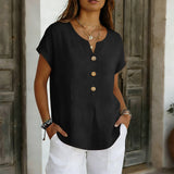 2026 Summer Basic Blouses Women's Shirts Solid Color Casual Short-Sleeve Cotton Linen Fashion Plus Size V-Neck Loose Button Tops