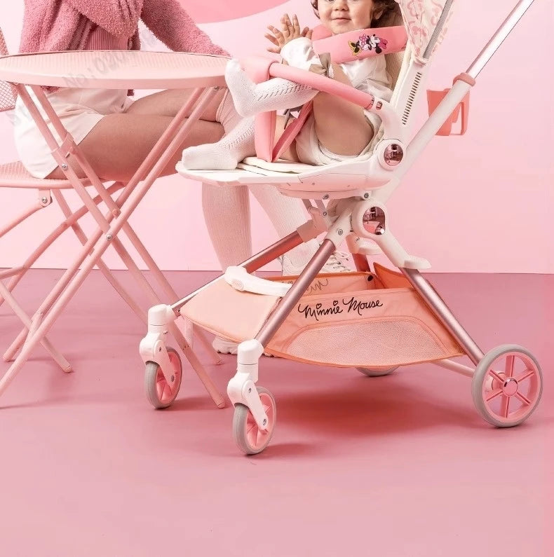 Pink Newborn Stroller can sit or lie down 0-6 years old Children Lightweight Folding Boardable Travel 360 ° Steering Stroller