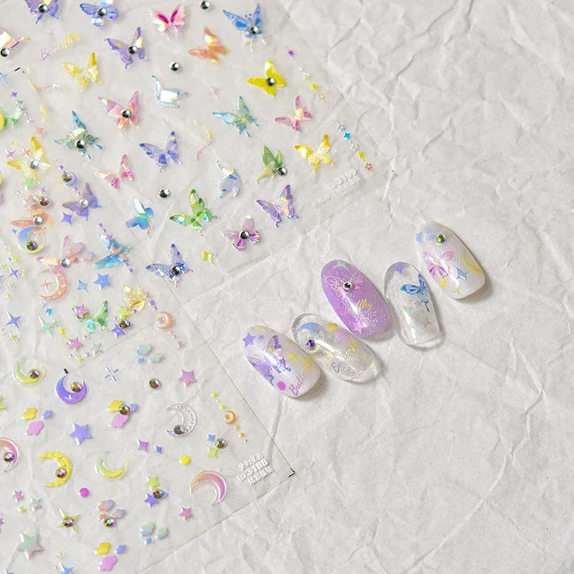 Colorful Pink Gradual Moon Star Cloud Butterfly Rhinestone 5D Soft Embossed Relief Nail Art Sticker 3D Decal Decoration Manicure