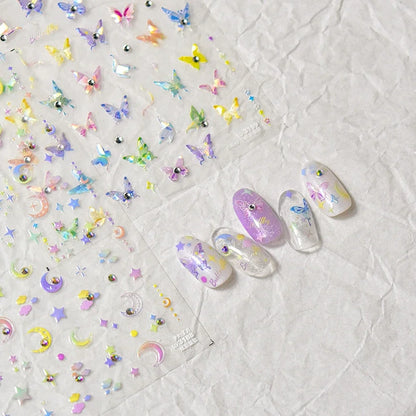 Colorful Pink Gradual Moon Star Cloud Butterfly Rhinestone 5D Soft Embossed Relief Nail Art Sticker 3D Decal Decoration Manicure